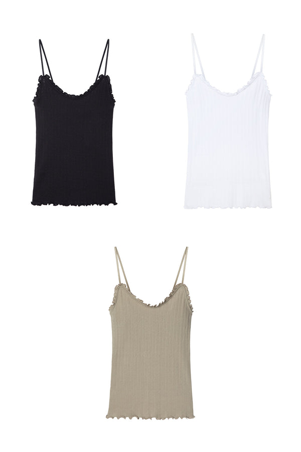 desmond & dempsey Soft V Tank Top Set of Three White/Black/Khaki