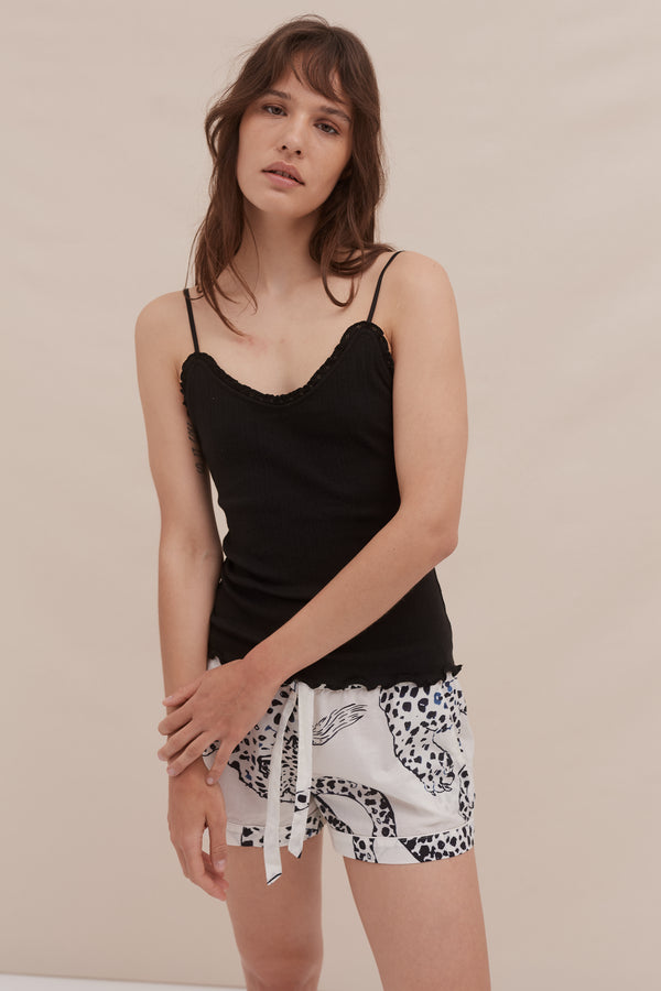 Desmond & Dempsey Soft V Tank Top & Shorts Set Black/The Jag Print Cream