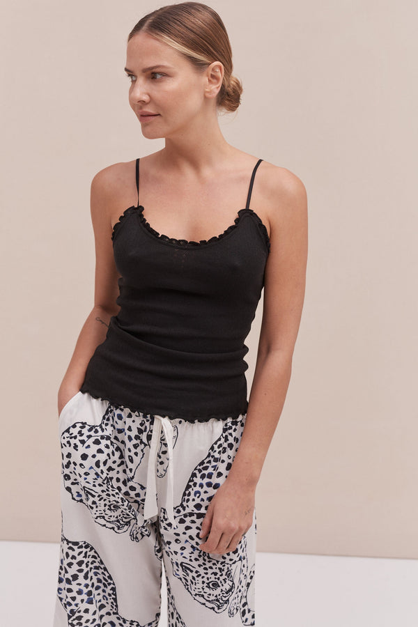 Desmond & Dempsey Soft V Tank Top & Wide Leg Trouser Set Black/The Jag Print Cream