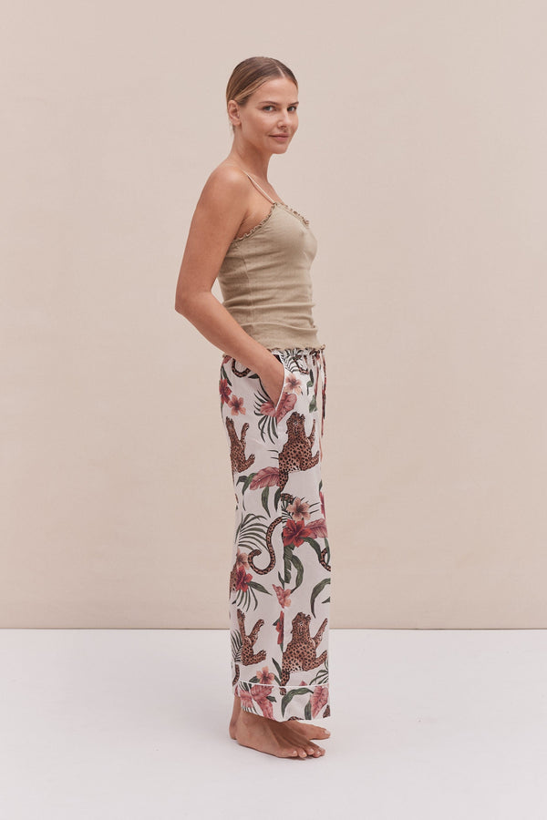 Desmond & Dempsey Soft V Tank Top & Wide Leg Trouser Set Khaki/Soleia Print Cream