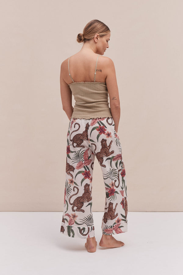 Desmond & Dempsey Soft V Tank Top & Wide Leg Trouser Set Khaki/Soleia Print Cream