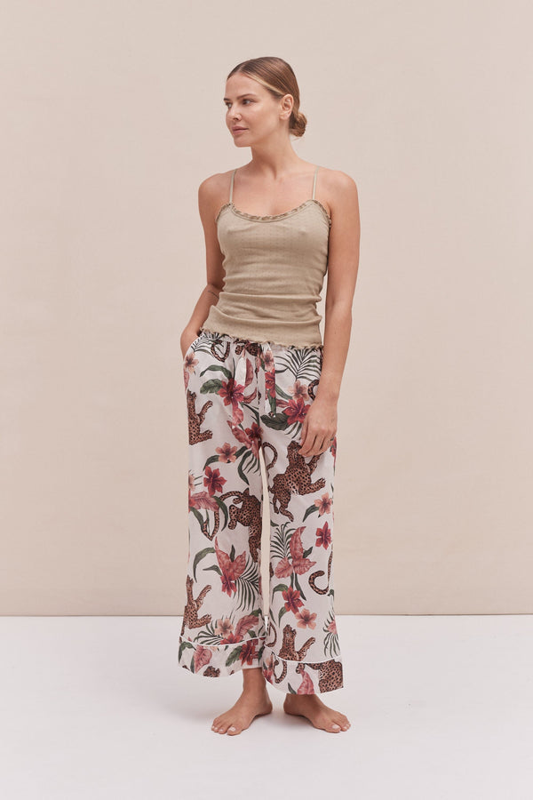 desmond & dempsey Soft V Tank Top & Wide Leg Trouser Set Khaki/Soleia Print Cream