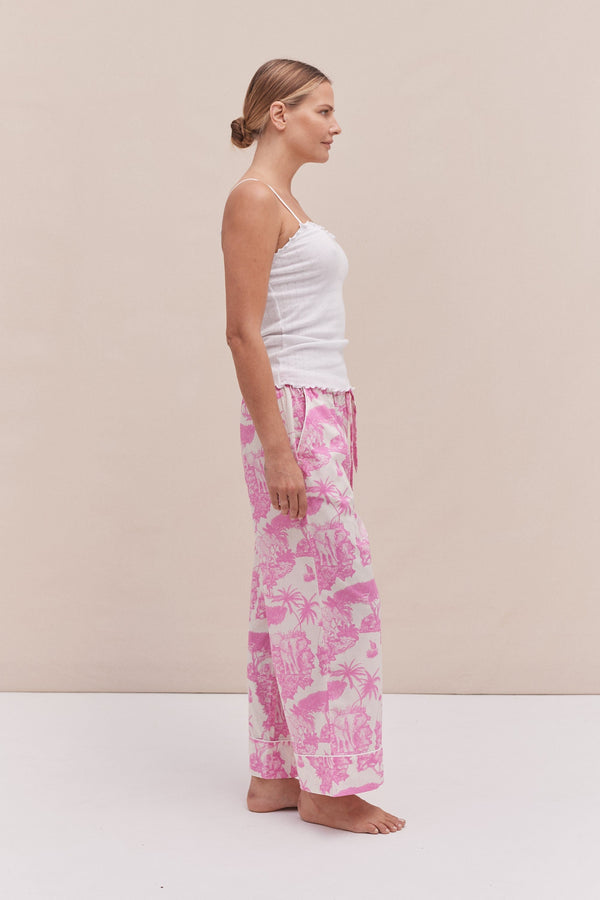 Desmond & Dempsey Soft V Tank Top & Wide Leg Trouser Set White/Loxodonta Print Pink