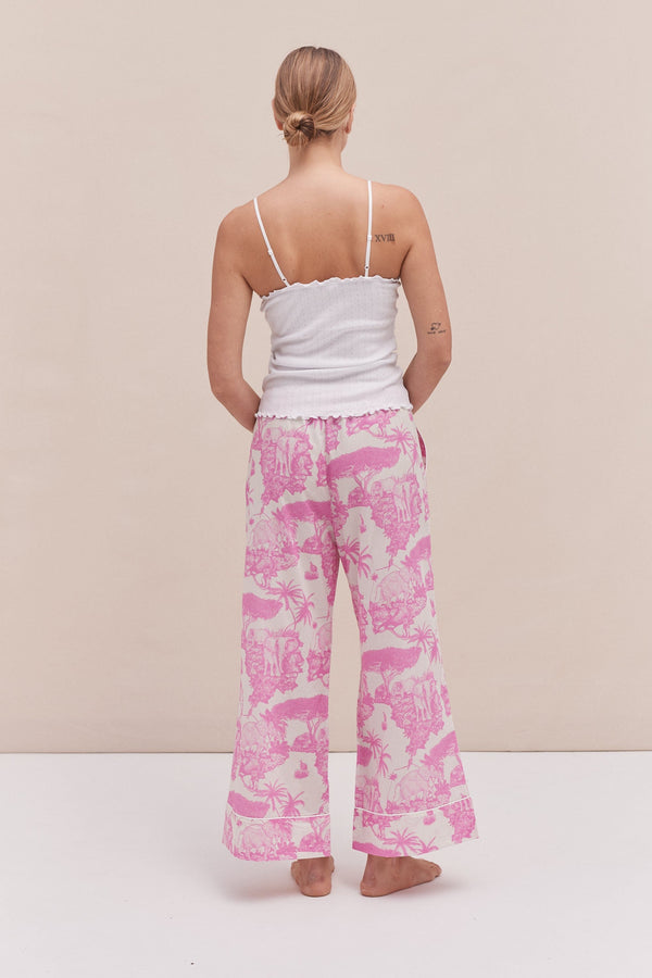 Desmond & Dempsey Soft V Tank Top & Wide Leg Trouser Set White/Loxodonta Print Pink