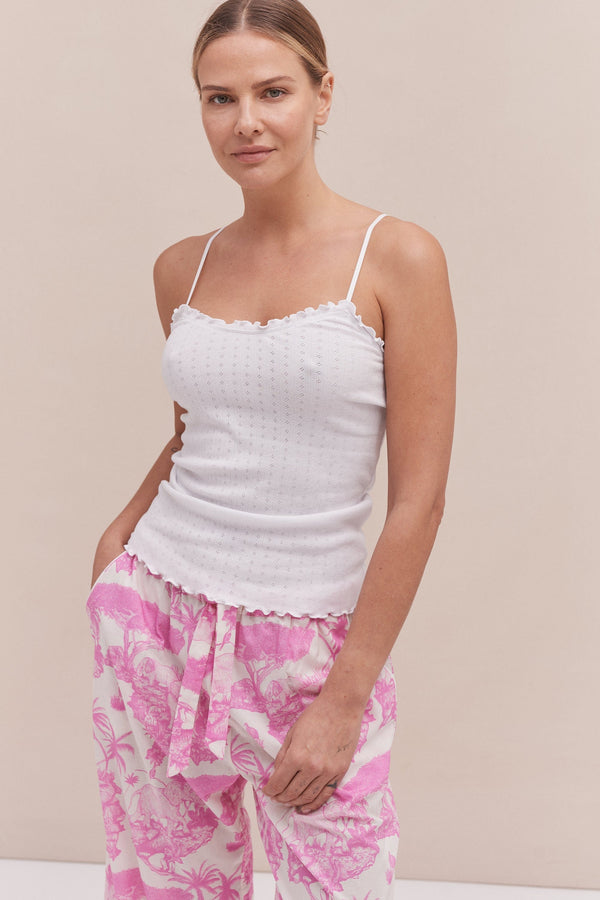 Desmond & Dempsey Soft V Tank Top & Wide Leg Trouser Set White/Loxodonta Print Pink