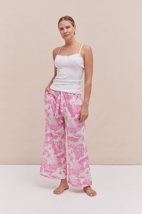 desmond & dempsey Soft V Tank Top & Wide Leg Trouser Set White/Loxodonta Print Pink