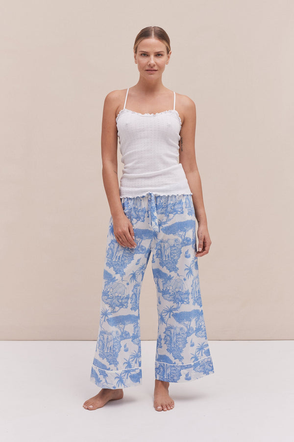 desmond & dempsey Soft V Tank Top & Wide Leg Trouser Set White/Loxodonta Print Blue