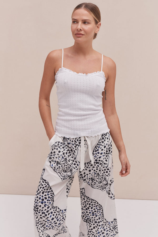Desmond & Dempsey Soft V Tank Top & Wide Leg Trouser Set White/The Jag Print Cream