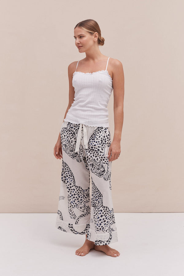 desmond & dempsey Soft V Tank Top & Wide Leg Trouser Set White/The Jag Print Cream