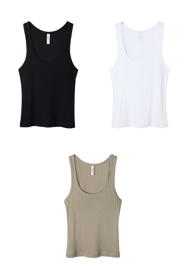 desmond & dempsey Tank Top Set of Three White/Black/Khaki