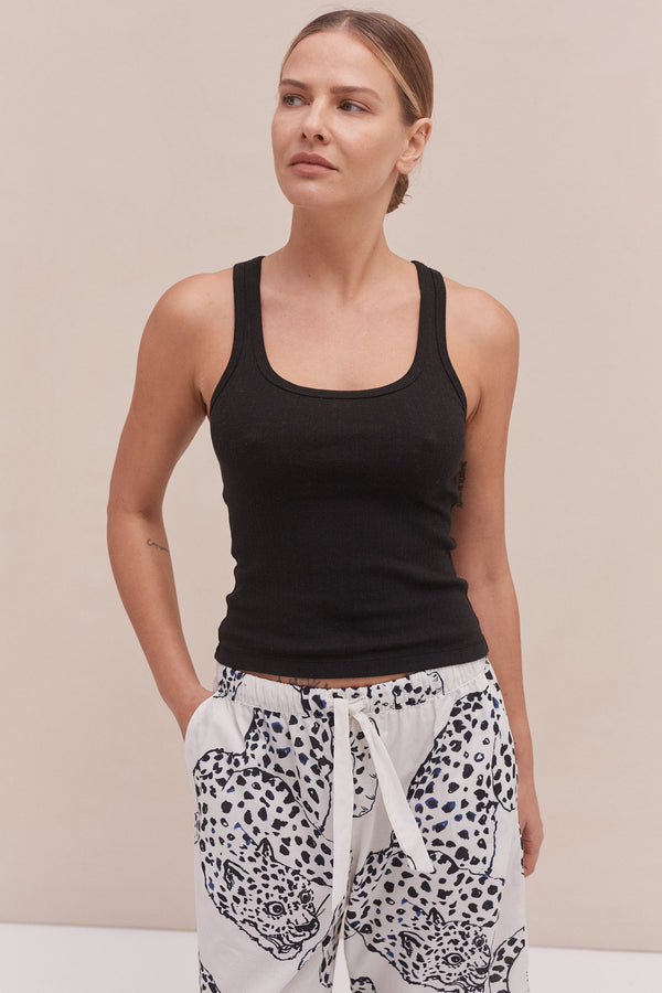 Desmond & Dempsey Tank Top & Wide Leg Trouser Set Black/The Jag Print Cream