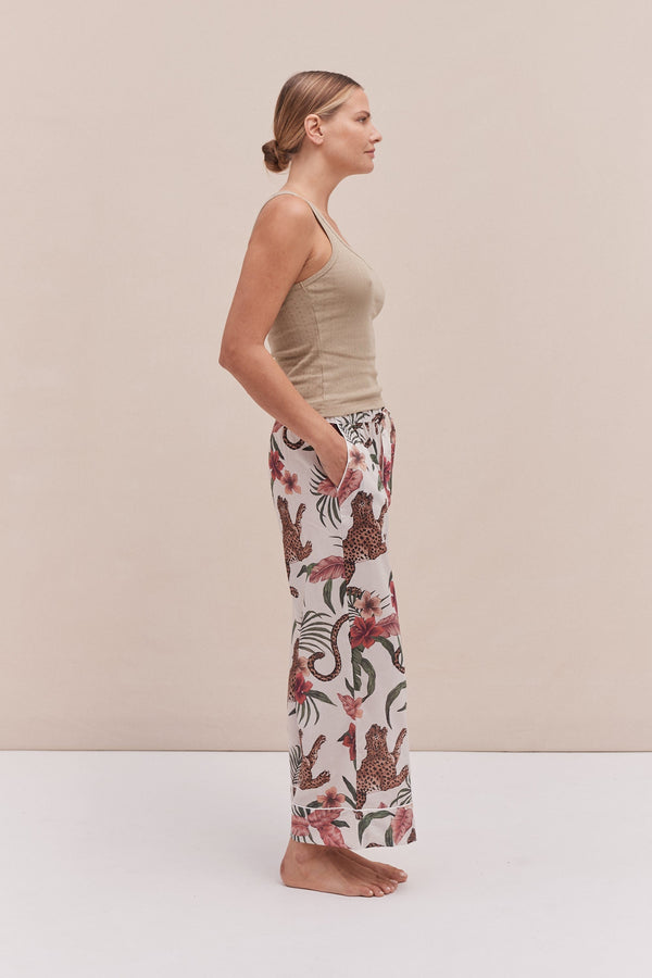 Desmond & Dempsey Tank Top & Wide Leg Trouser Set Khaki/Soleia Print Cream
