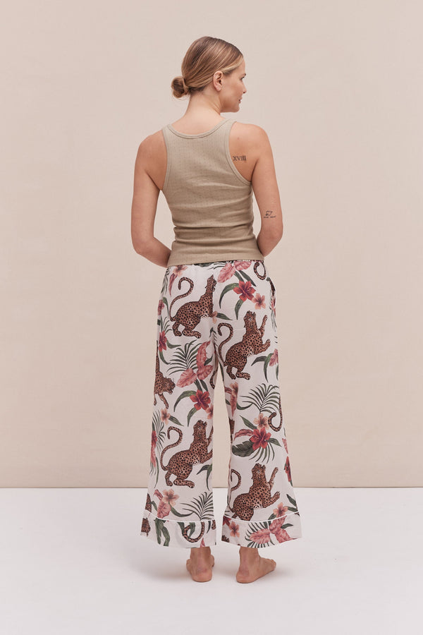 Desmond & Dempsey Tank Top & Wide Leg Trouser Set Khaki/Soleia Print Cream