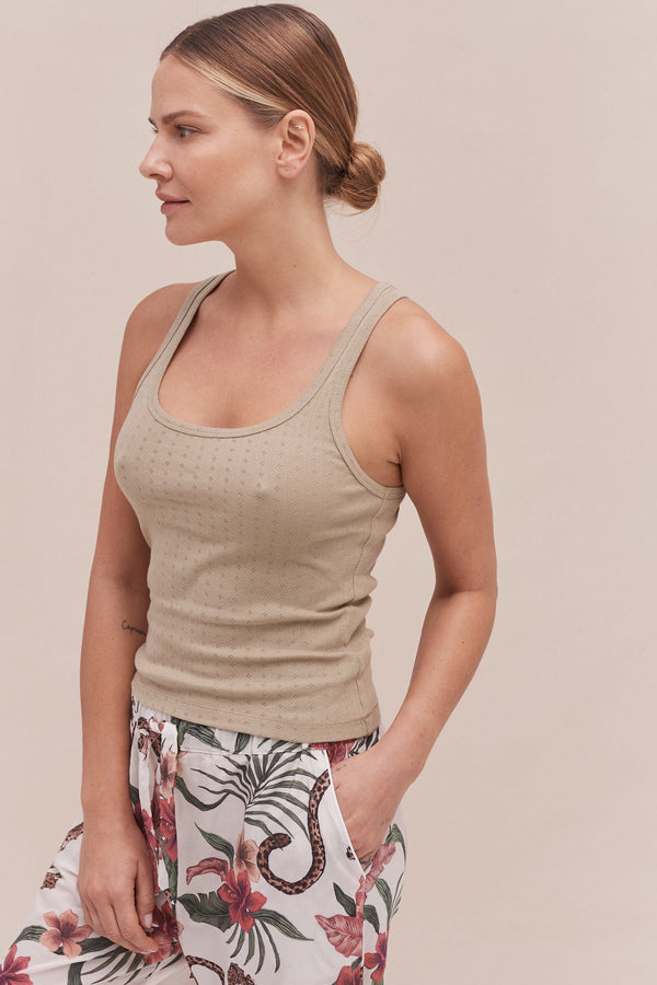 Desmond & Dempsey Tank Top & Wide Leg Trouser Set Khaki/Soleia Print Cream