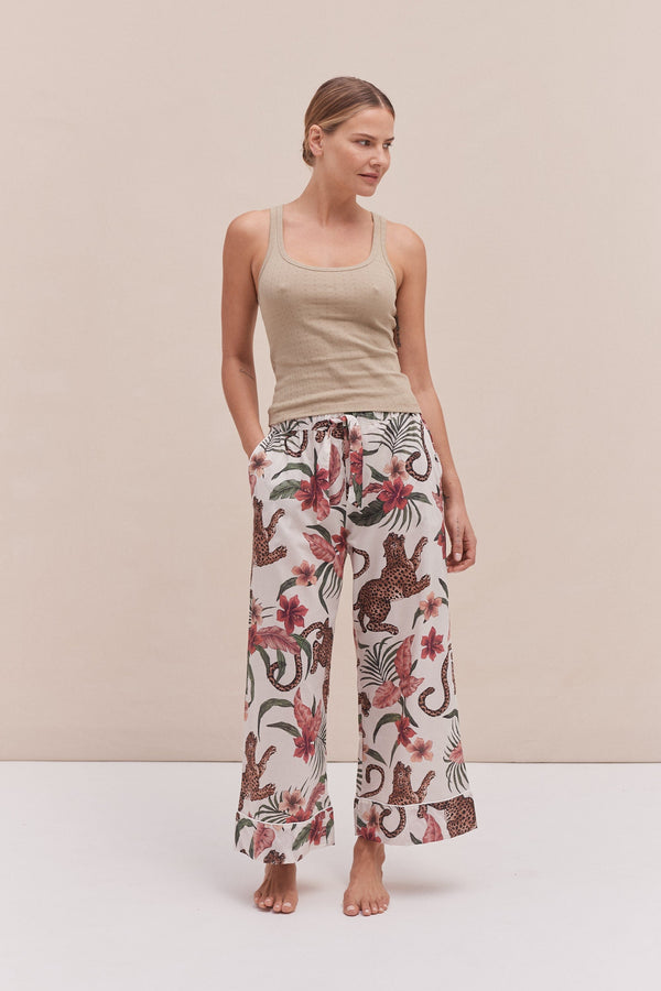 desmond & dempsey Tank Top & Wide Leg Trouser Set Khaki/Soleia Print Cream