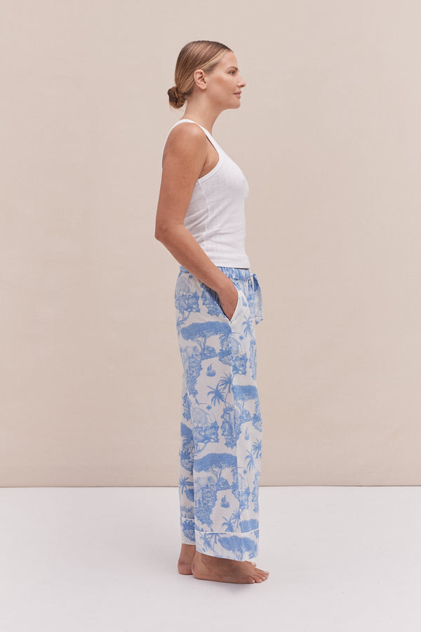 Desmond & Dempsey Tank Top & Wide Leg Trouser Set White/Loxodonta Print Blue