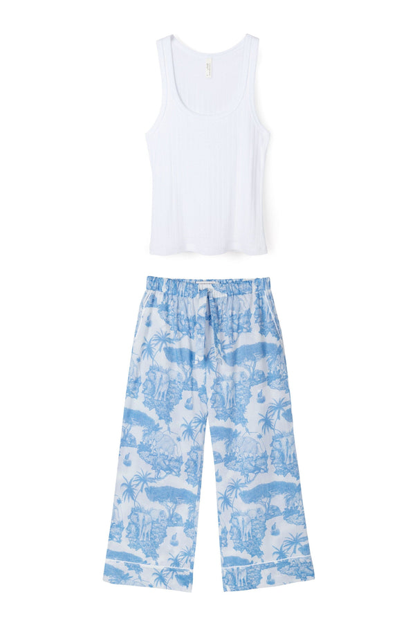 Desmond & Dempsey Tank Top & Wide Leg Trouser Set White/Loxodonta Print Blue