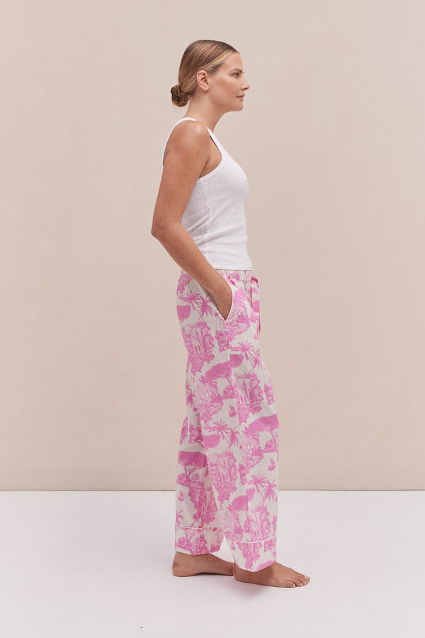 Desmond & Dempsey Tank Top & Wide Leg Trouser Set White/Loxodonta Print Pink
