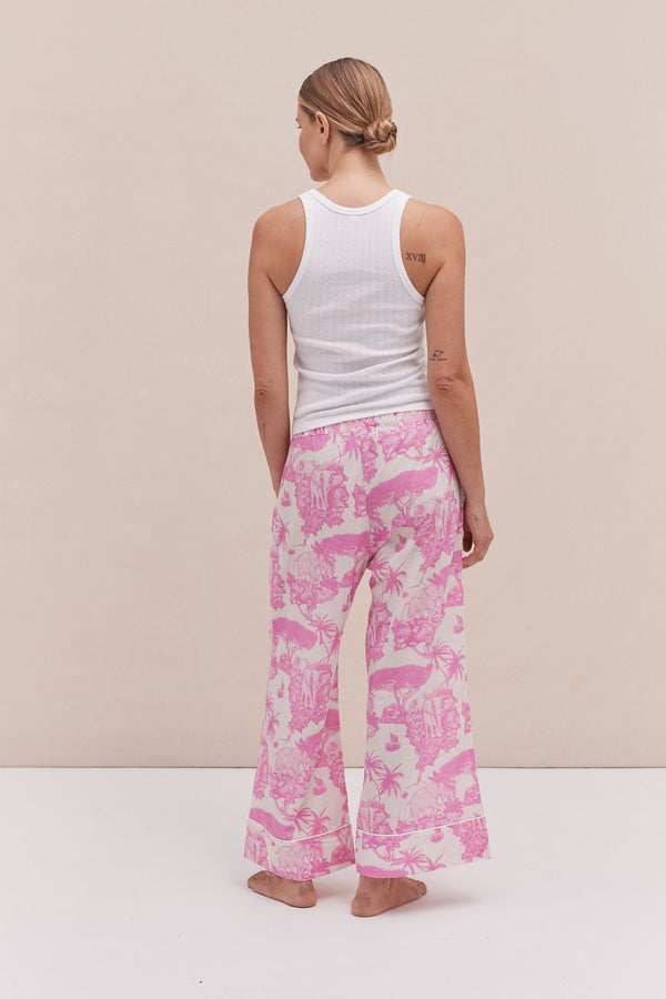 Desmond & Dempsey Tank Top & Wide Leg Trouser Set White/Loxodonta Print Pink