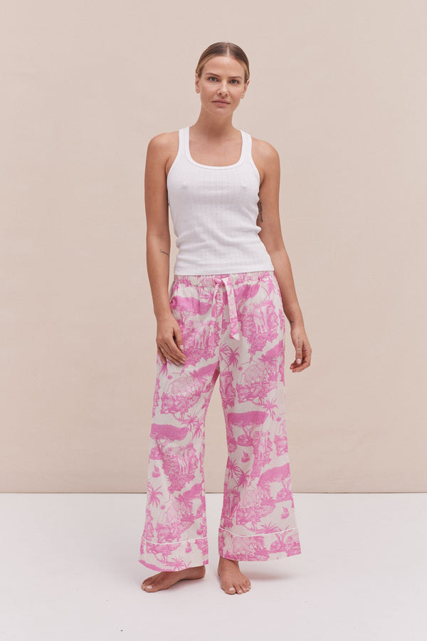 desmond & dempsey Tank Top & Wide Leg Trouser Set White/Loxodonta Print Pink