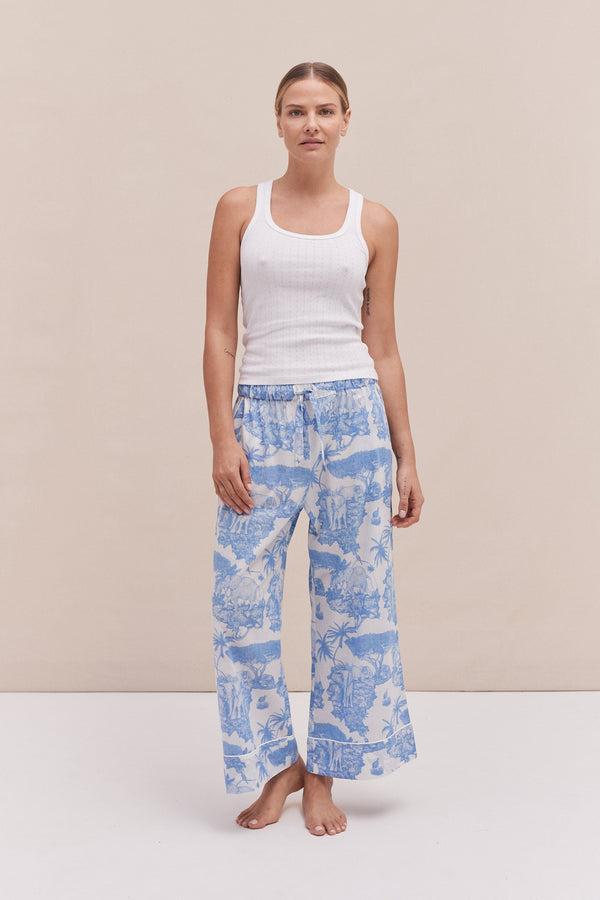 desmond & dempsey Tank Top & Wide Leg Trouser Set White/Loxodonta Print Blue