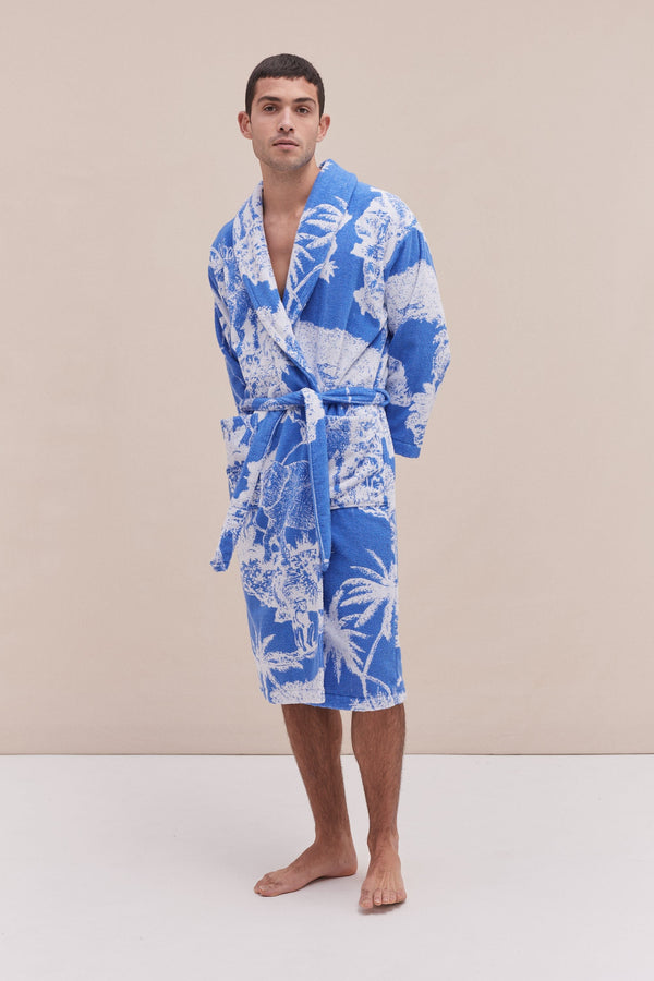 Desmond & Dempsey Unisex Towel Robe Loxodonta Print Blue