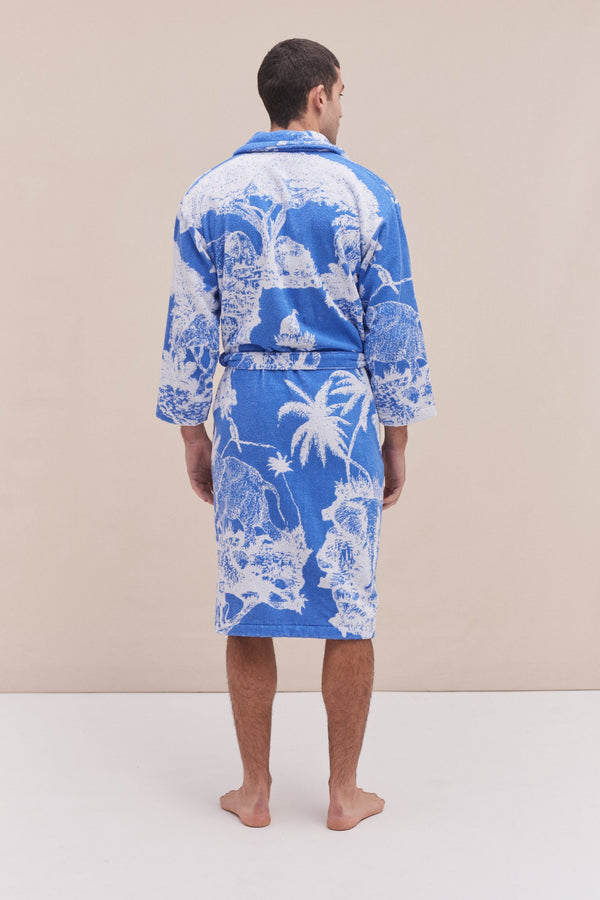 Desmond & Dempsey Unisex Towel Robe Loxodonta Print Blue