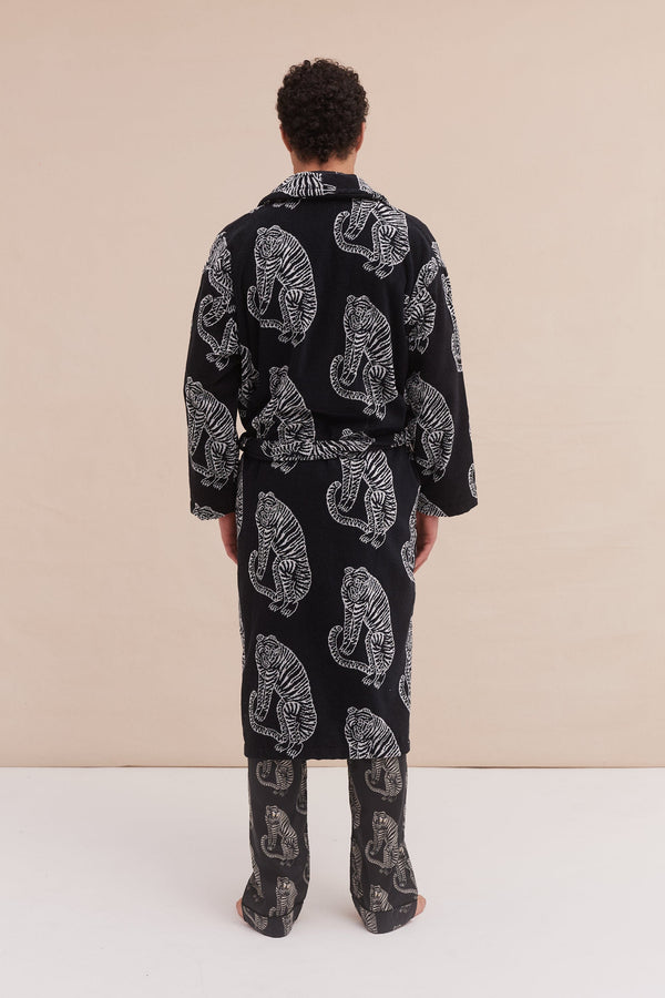Desmond & Dempsey Unisex Towel Robe Sansindo Print Black Cream