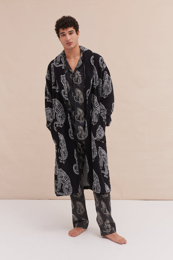 desmond & dempsey Unisex Towel Robe Sansindo Print Black Cream