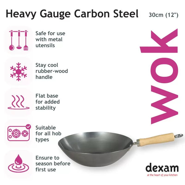 Dexam 12"/30cm Heavy Gauge Uncoated Carbon Steel Wok