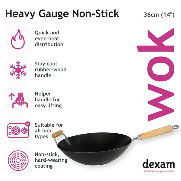 Dexam 14"/36cm Heavy Gauge Non-Stick Carbon Steel Wok With Helper Handle
