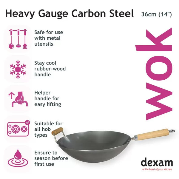 Dexam 14"/36cm Heavy Gauge Uncoated Carbon Steel Wok With Helper Handle