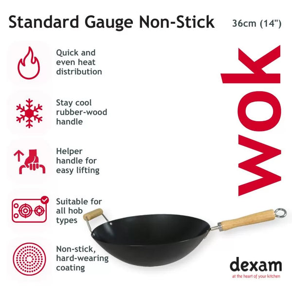 Dexam 14"/36cm Standard Gauge Non-Stick Carbon Steel Wok With Helper Handle