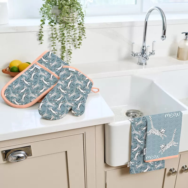 Dexam Meow Recycled Cotton Double Oven Gloves - Blue