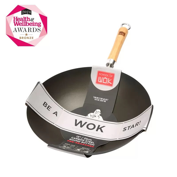 dexam School of Wok 13"/33cm Round Bottom Pre-Seasoned Carbon Steel Wok