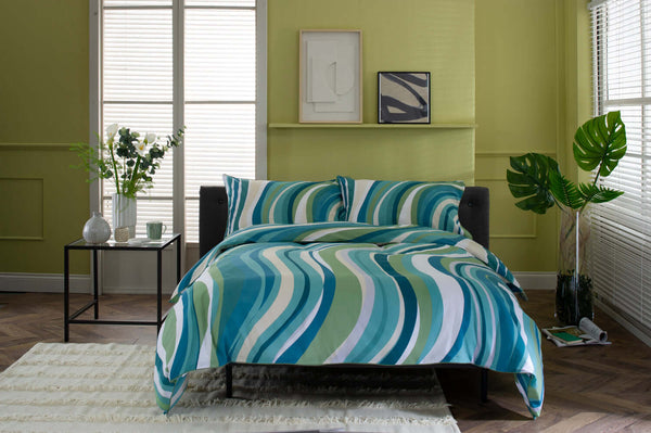 deyongs Smith Wave Green Cotton Duvet Set with Fabric Bag