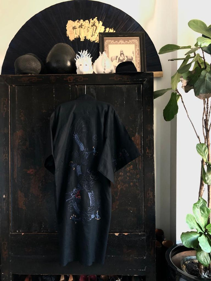 Dezso By Sara Beltran Black Dragon Linen Kimono With Blue Embroidery