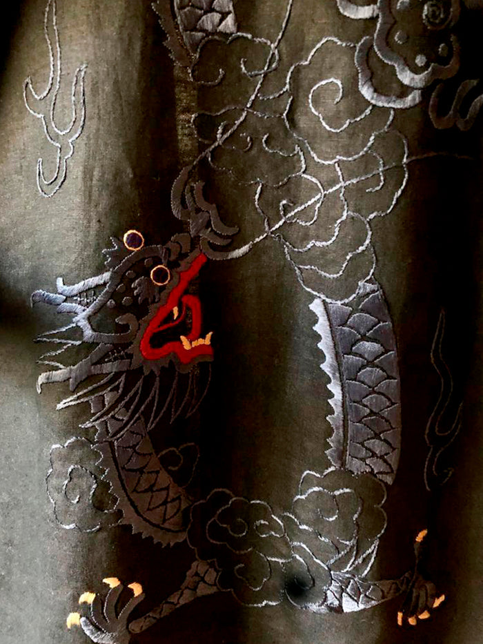 Dezso By Sara Beltran Black Dragon Linen Kimono With Blue Embroidery