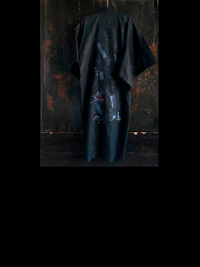 dezso by sara beltran Black Dragon Linen Kimono with Blue Embroidery