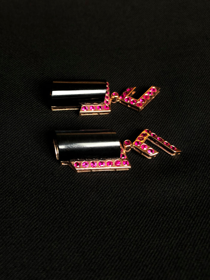 Dezso By Sara Beltran Blue Tiger Eye Deco Earrings With Rubies