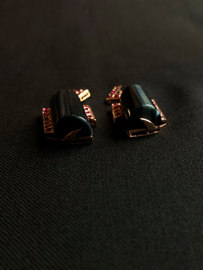 Dezso By Sara Beltran Blue Tiger Eye Deco Earrings With Rubies