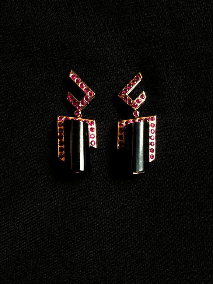 dezso by sara beltran Blue Tiger Eye Deco Earrings with Rubies