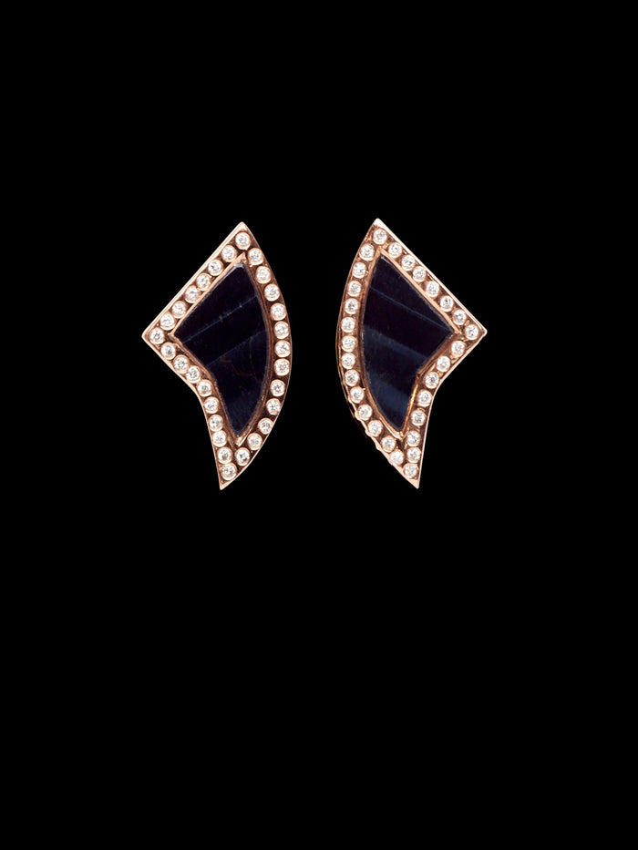 dezso by sara beltran Blue Tiger Eye Shark Fin Studs with Diamonds