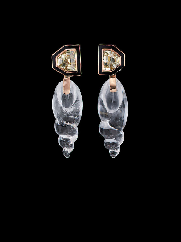 dezso by sara beltran Carved Tuxedo Shell Crystal Quartz Earrings with Sapphires