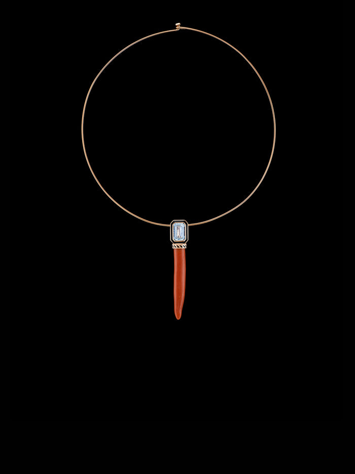 Dezso By Sara Beltran Coral Cornetto With Emerald Cut Aquamarine