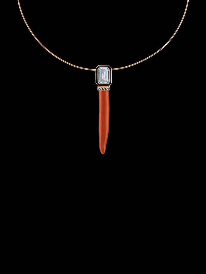 dezso by sara beltran Coral Cornetto with Emerald Cut Aquamarine