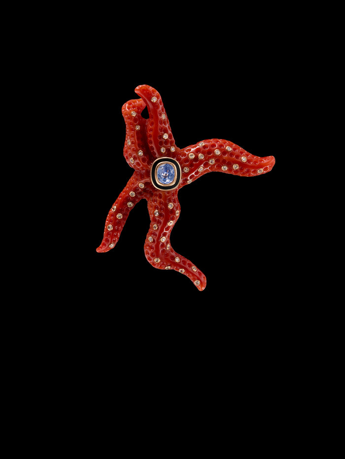 dezso by sara beltran Coral Mediterranean Starfish Brooch with Sapphire and Diamonds