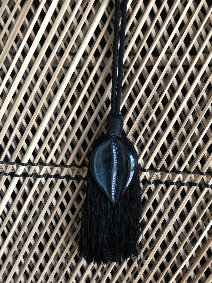 dezso by sara beltran Blue Tiger Eye Cowry Tassel