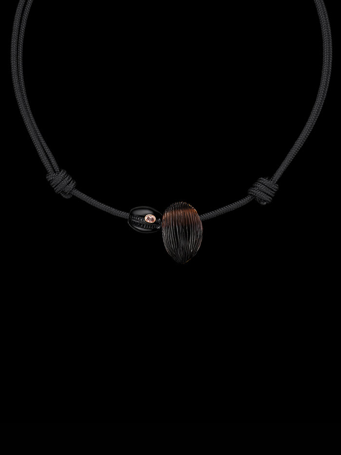 dezso by sara beltran Smokey Quartz Coquito and Tiny Onyx bead with Garnet on Black Paracord