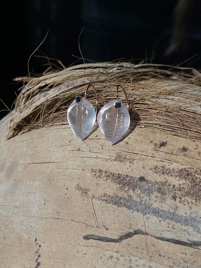 dezso by sara beltran Tiny Rose Quartz Cowry Earrings with Sapphires